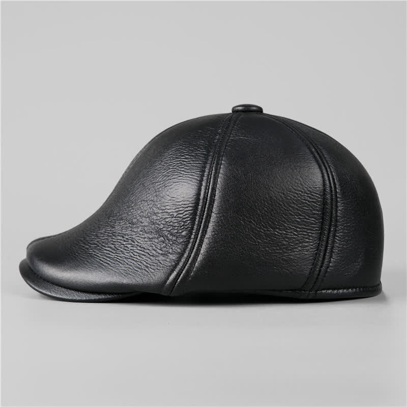 Black Ivy Cap Warm Earmuffs Leather Beret Hat