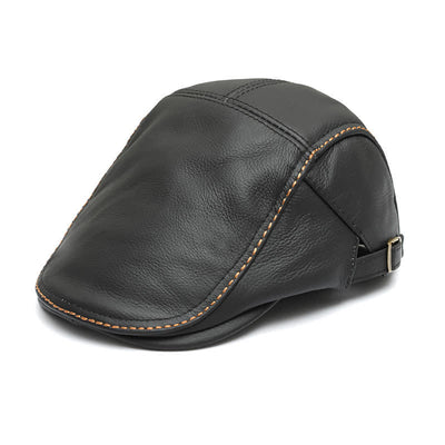 Peaked Cabbie Flat Cap Genuine Leather Beret Hat