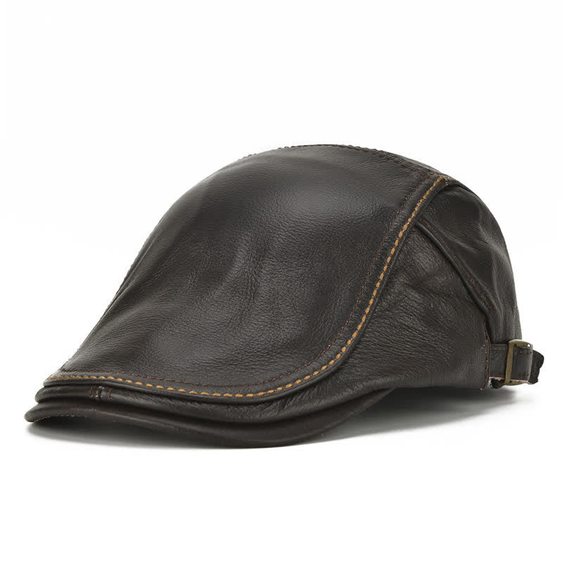 Peaked Cabbie Flat Cap Genuine Leather Beret Hat