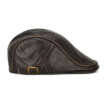 Peaked Cabbie Flat Cap Genuine Leather Beret Hat