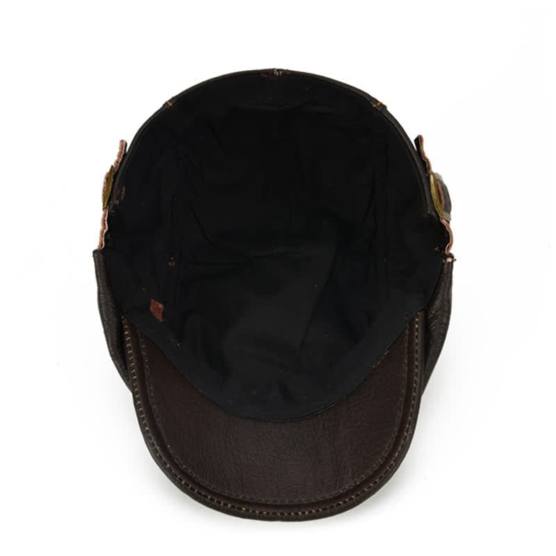 Peaked Cabbie Flat Cap Genuine Leather Beret Hat