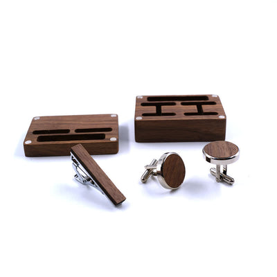 Men's Custom Engraving Box Surface Wedding Day Wooden Cufflinks Set