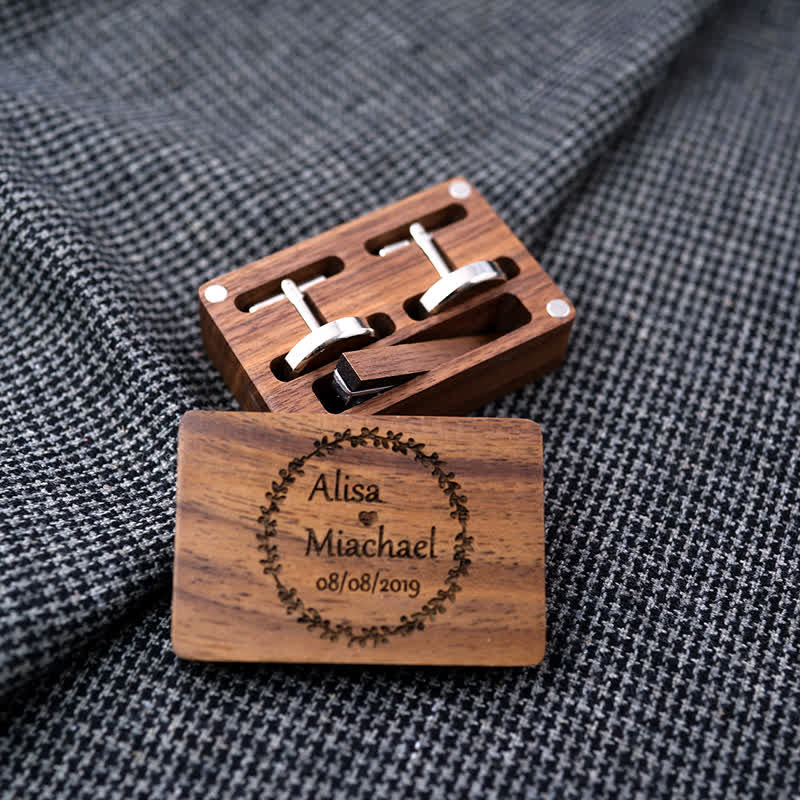 Men's Custom Engraving Box Surface Wedding Day Wooden Cufflinks Set