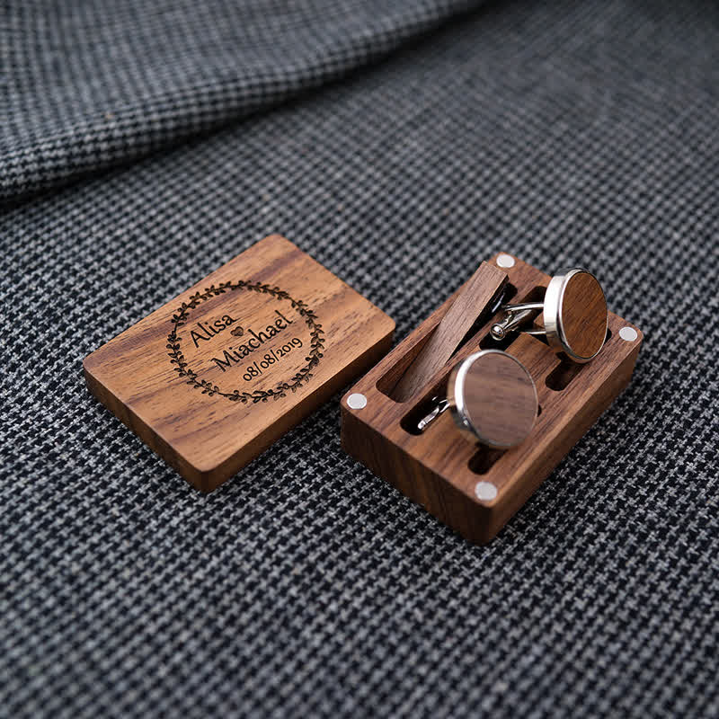 Men's Custom Engraving Box Surface Wedding Day Wooden Cufflinks Set