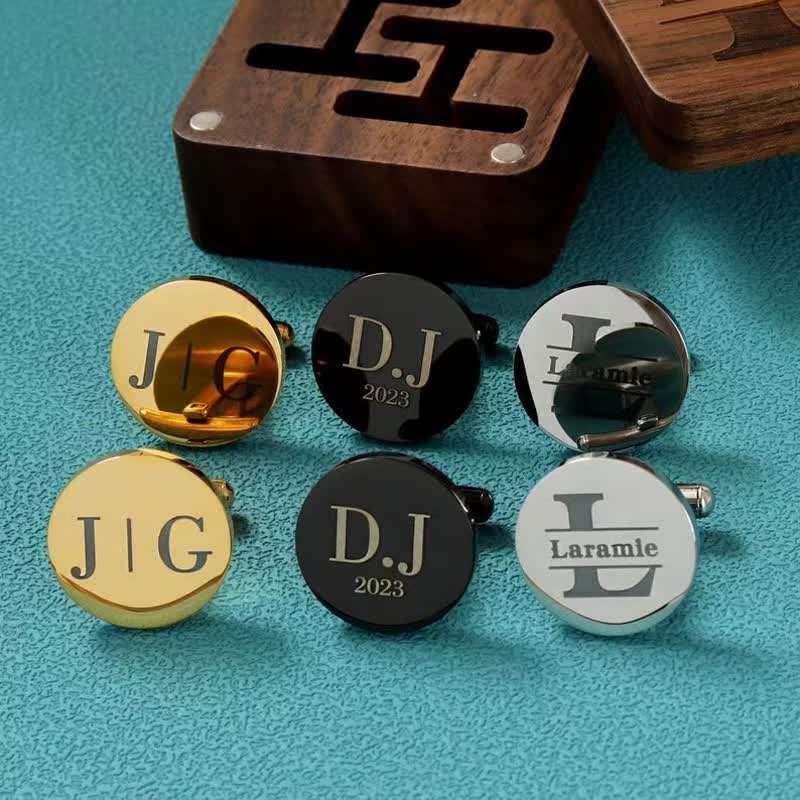 Men's Custom Engraving Box Surface Wedding Day Wooden Cufflinks Set