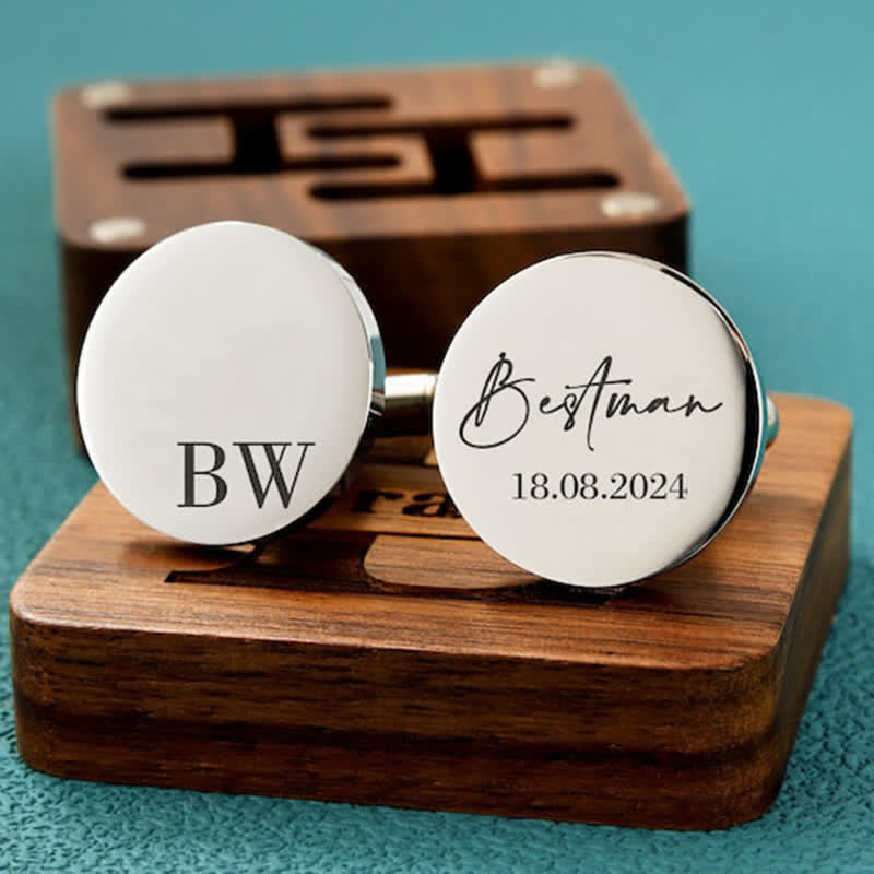 Men's Custom Engraving Box Surface Wedding Day Wooden Cufflinks Set