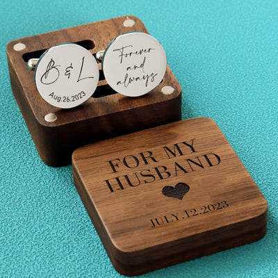 Men's Custom Engraving Box Surface Wedding Day Wooden Cufflinks Set