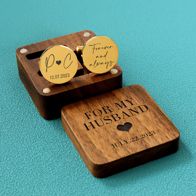 Men's Custom Engraving Box Surface Wedding Day Wooden Cufflinks Set