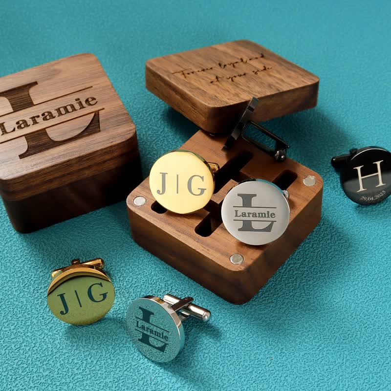 Men's Custom Engraving Box Surface Wedding Day Wooden Cufflinks Set