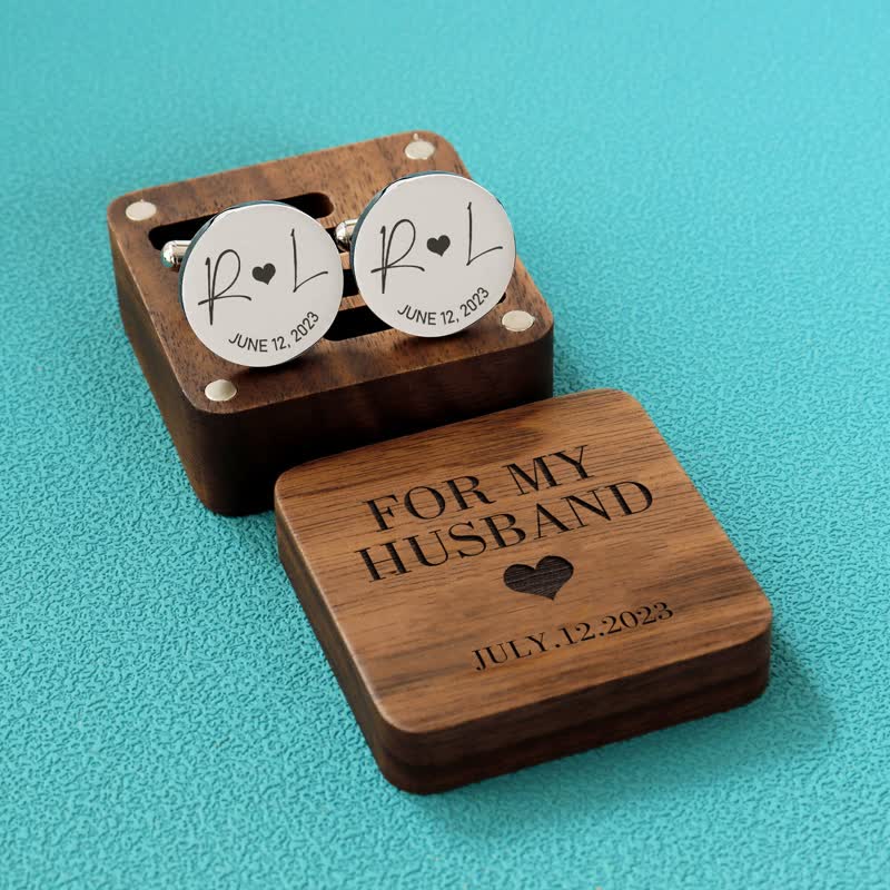 Men's Custom Engraving Box Surface Wedding Day Wooden Cufflinks Set