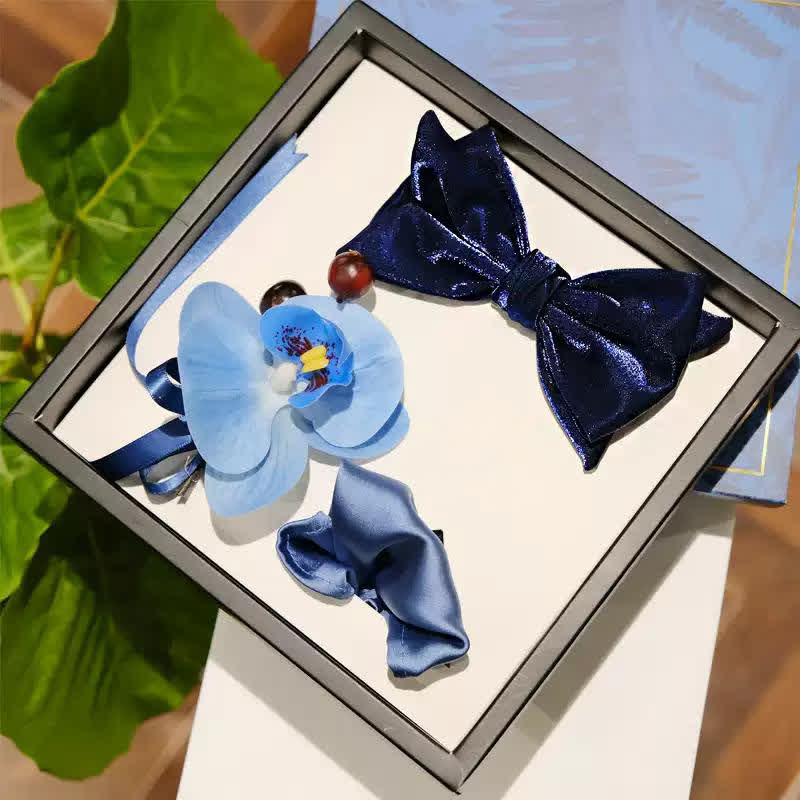 3Pcs Men's Blue Phalaenopsis Brooch Handkerchief Fishtail Bow Tie Set