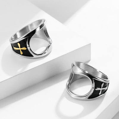 Functional Relief Cross Bottle Opener Ring