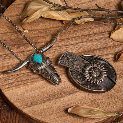 Practical DIY Hidden Knife Buckle Turquoise Longhorn Bull Pendant Bundle Set (Pre-Sale)