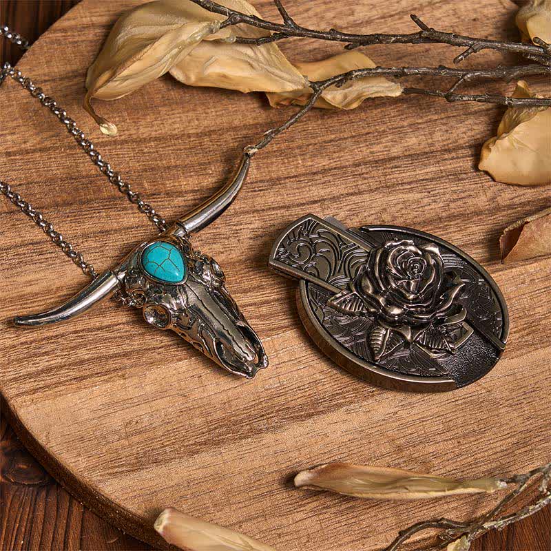 Practical DIY Hidden Knife Buckle Turquoise Longhorn Bull Pendant Bundle Set (Pre-Sale)