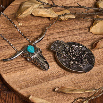 Practical DIY Hidden Knife Buckle Turquoise Longhorn Bull Pendant Bundle Set (Pre-Sale)