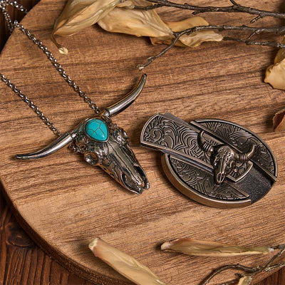 Practical DIY Hidden Knife Buckle Turquoise Longhorn Bull Pendant Bundle Set (Pre-Sale)