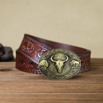 Men's DIY Brozne Typical Western Bull Buckle Leather Belt