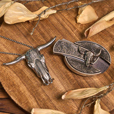 Longhorn Bull DIY Hidden Knife Belt Buckle Pendant Ring Bundle Set