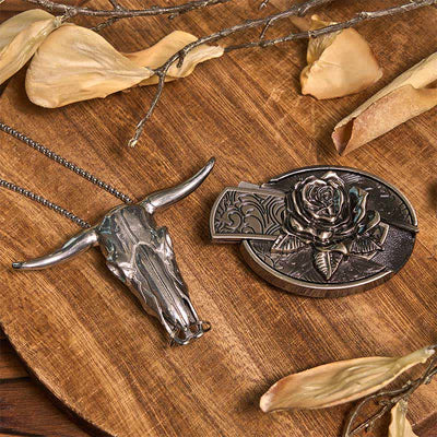 Rose DIY Hidden Knife Belt Buckle Longhorn Pendant Goat Ring Bundle Set