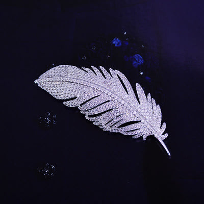 Women's Minimalist Silver Zircon Feather Brooch