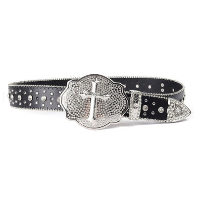 Shinning Cross Buckle Rhinestone Studded Leather Belt