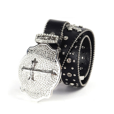 Shinning Cross Buckle Rhinestone Studded Leather Belt