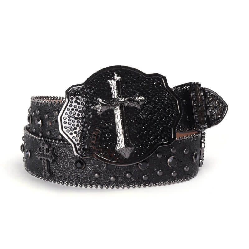 Shinning Cross Buckle Rhinestone Studded Leather Belt