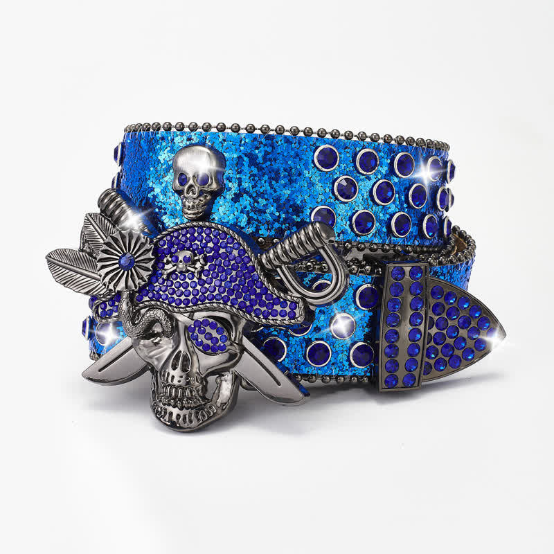 Punk Pirate Buckle Rhinestone Studded Leather Belt