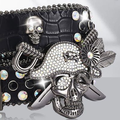 Punk Pirate Buckle Rhinestone Studded Leather Belt