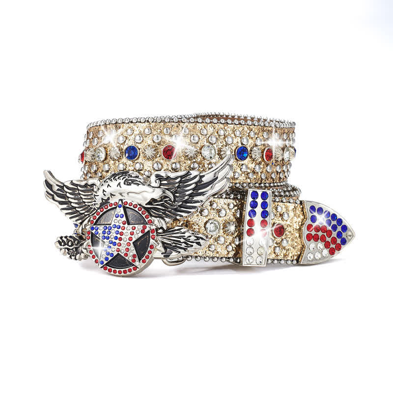 Eagle Buckle Red & Blue Star Sequin Rivets Leather Belt