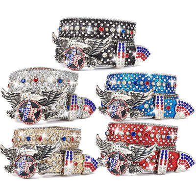 Eagle Buckle Red & Blue Star Sequin Rivets Leather Belt