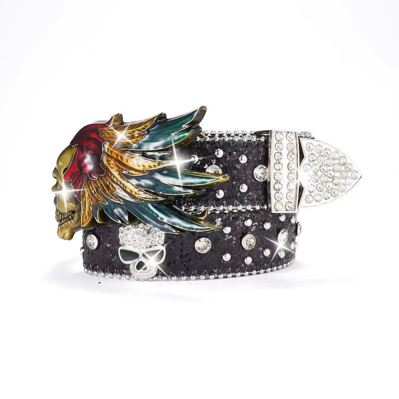 Indian Feather Skull Head Sequin Rivets Leather Belt