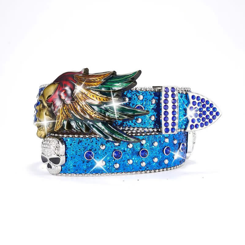 Indian Feather Skull Head Sequin Rivets Leather Belt