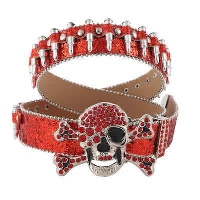 Rock Skull Rhinstones Buckle Bullet-Shaped Rivets Leather Belt