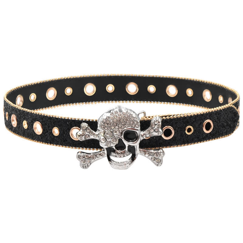 Skull Head Buckle Gold Bead Brim Sequin Leather Belt