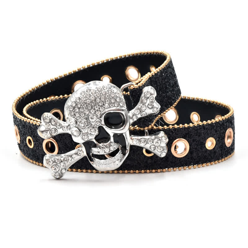 Skull Head Buckle Gold Bead Brim Sequin Leather Belt