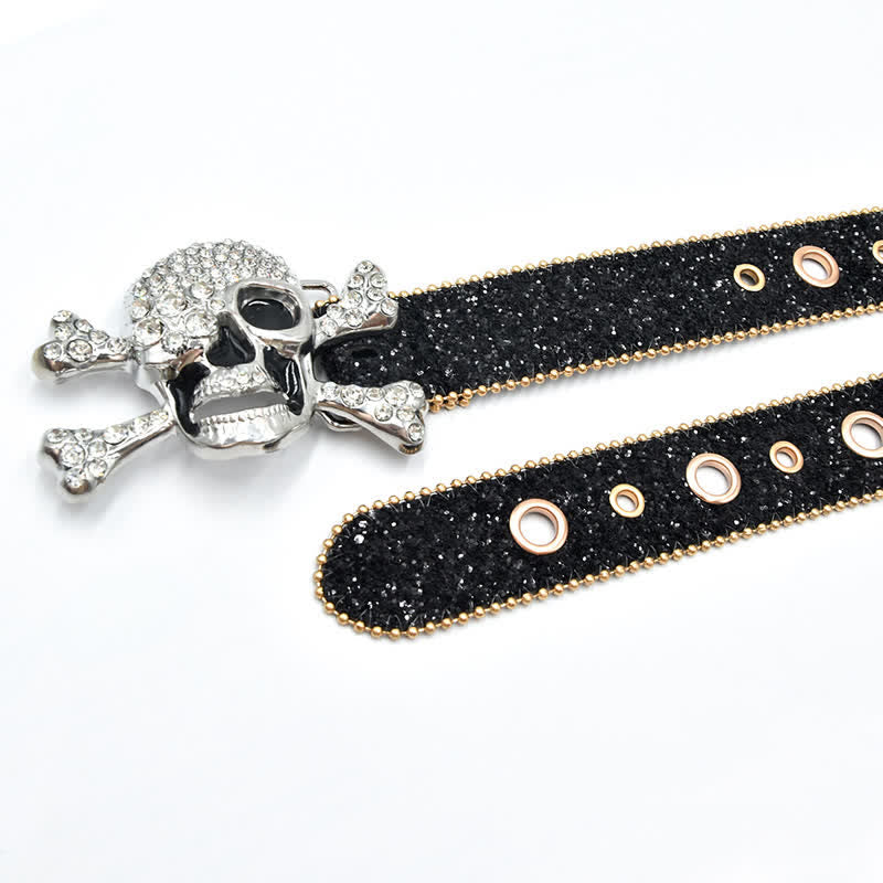 Skull Head Buckle Gold Bead Brim Sequin Leather Belt