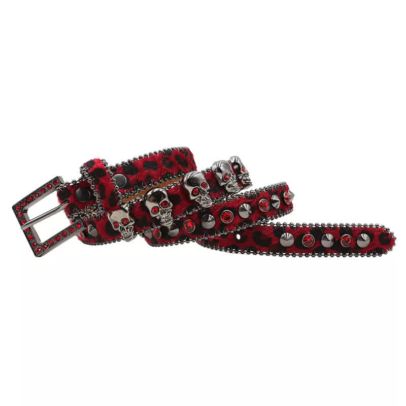 Fancy Gothic Skull Head Rivets Leopard Print Leather Belt