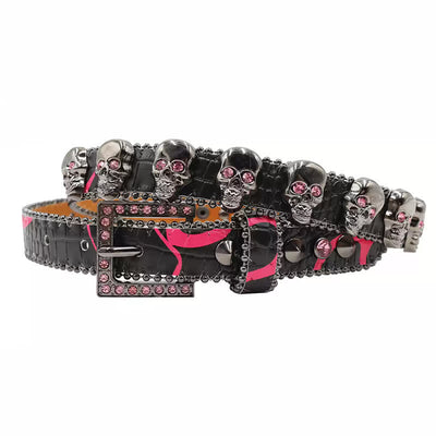 Fancy Gothic Skull Head Rivets Leopard Print Leather Belt