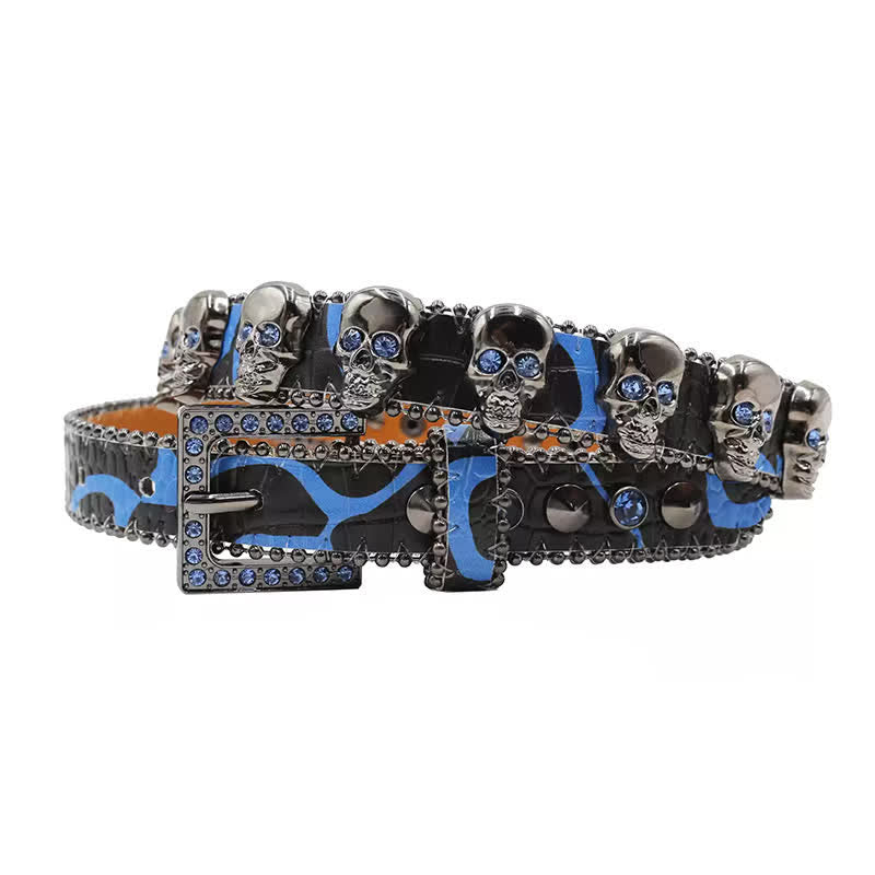 Fancy Gothic Skull Head Rivets Leopard Print Leather Belt