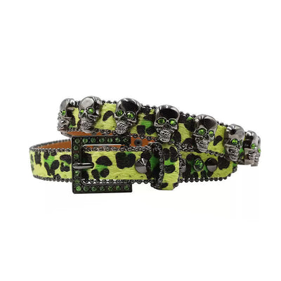 Fancy Gothic Skull Head Rivets Leopard Print Leather Belt