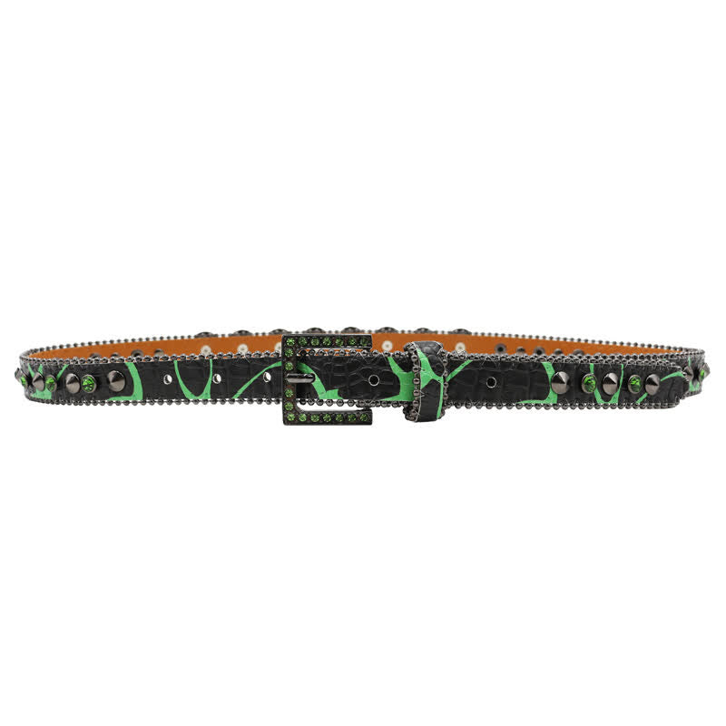 Fancy Gothic Skull Head Rivets Leopard Print Leather Belt