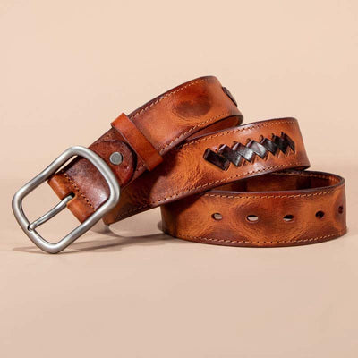 Retro Weave Patterns Design Cowhide Leather Belt