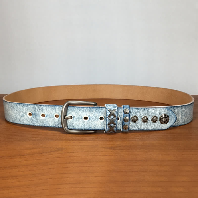 Retro Old White Rubbed Blue Silver Rivets Leather Belt