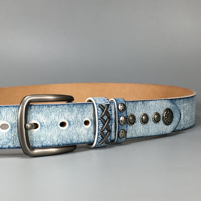 Retro Old White Rubbed Blue Silver Rivets Leather Belt