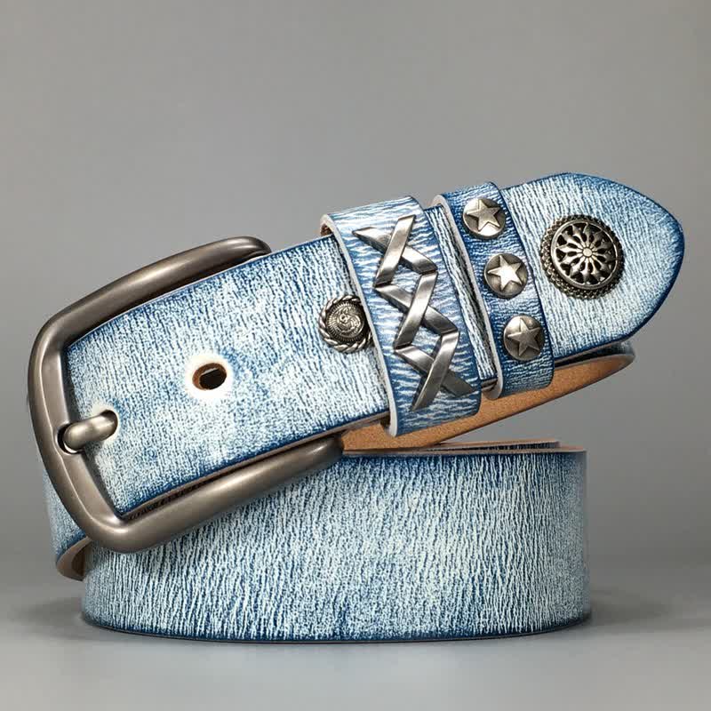 Retro Old White Rubbed Blue Silver Rivets Leather Belt