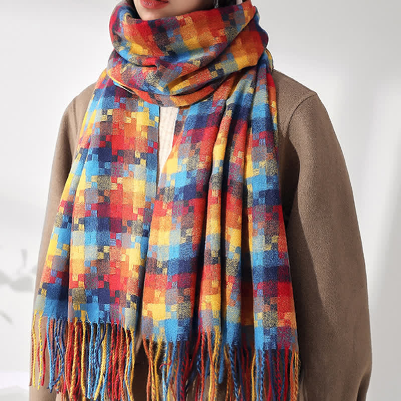 Unisex Multicoloured Jigsaw Shaped Fringe Soft Scarf