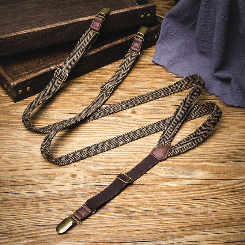 Yellowish-Brown Herringbone Straps Y-back Suspenders