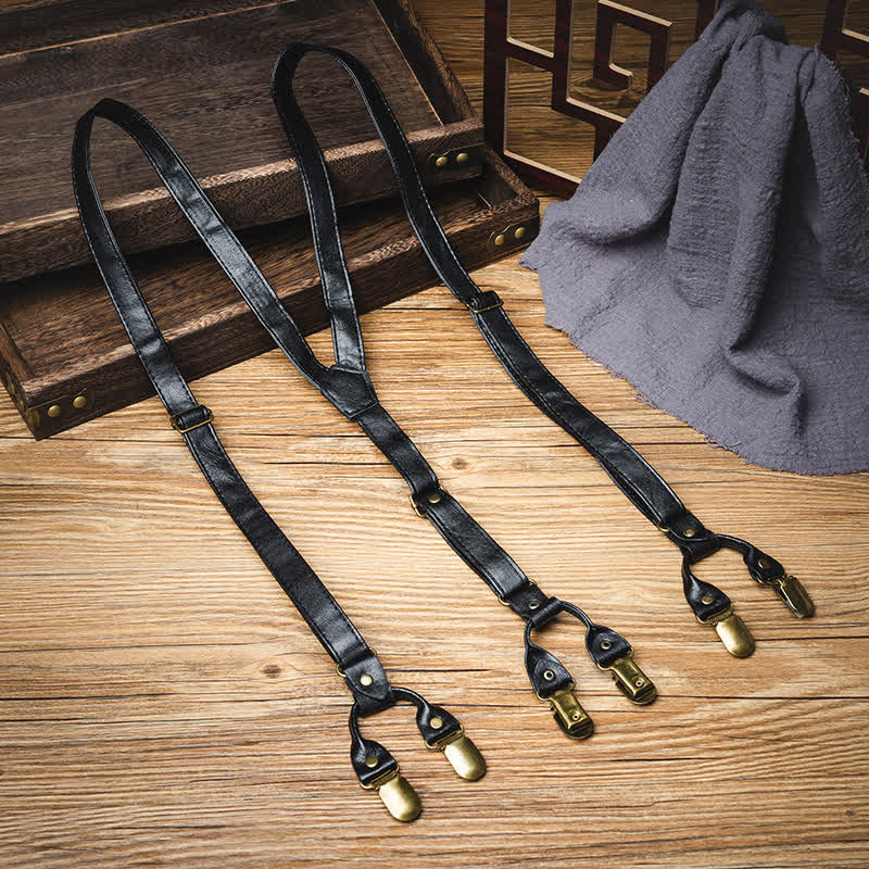 Black Straps 6-Clips Y-back Retro Leather Suspenders