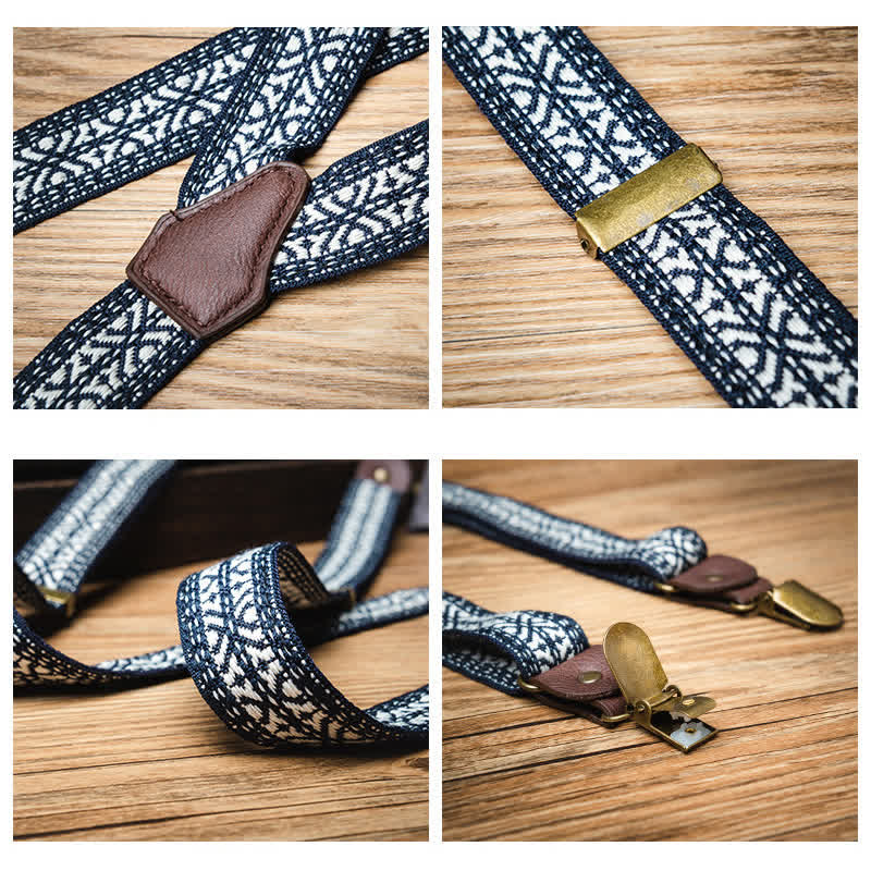 Navy & White Ethnic Pattern Y-back Elastic Suspenders